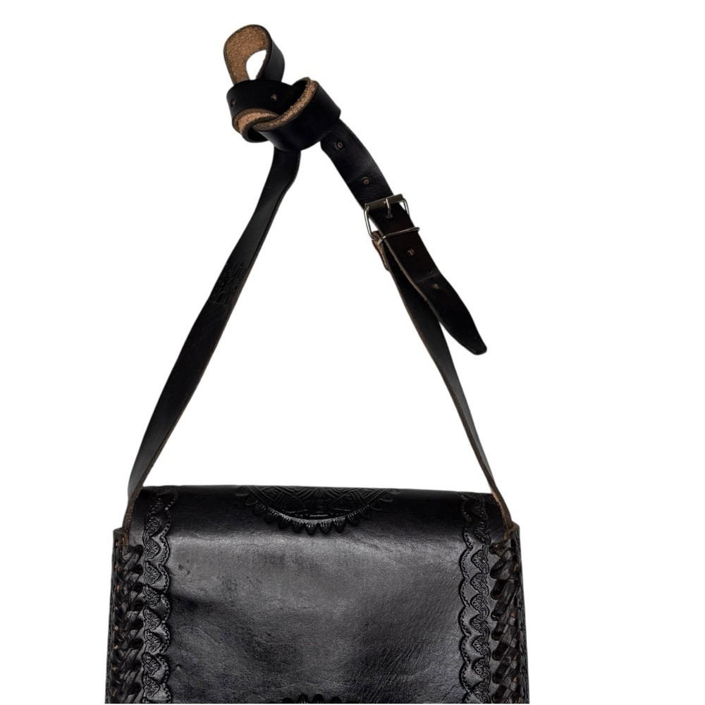 Hand Tooled Mexican Leather Crossbody Bag Black Artisan Boho Satchel OS - Picture 8 of 10